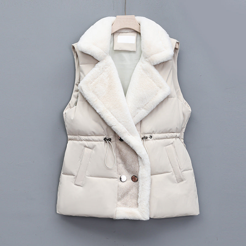 Women's quilted vest with a faux-fur shawl collar and adjustable drawstring waist