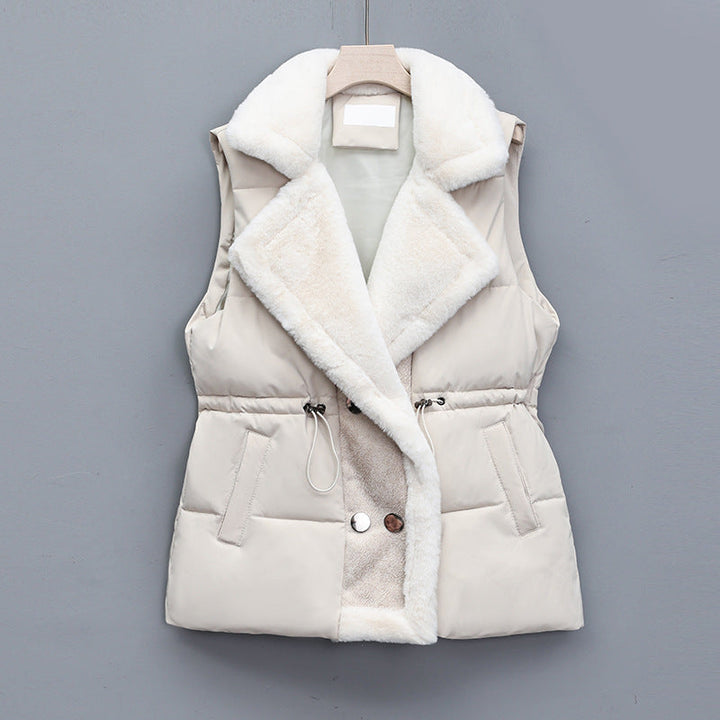 Women's quilted vest with a faux-fur shawl collar and adjustable drawstring waist