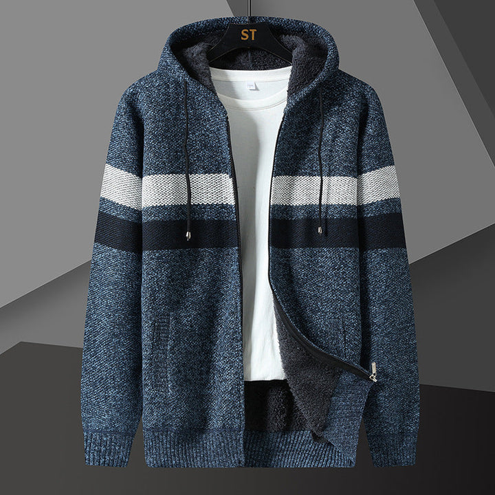 Men's Striped Hooded Jacket with Drawstring and Pockets
