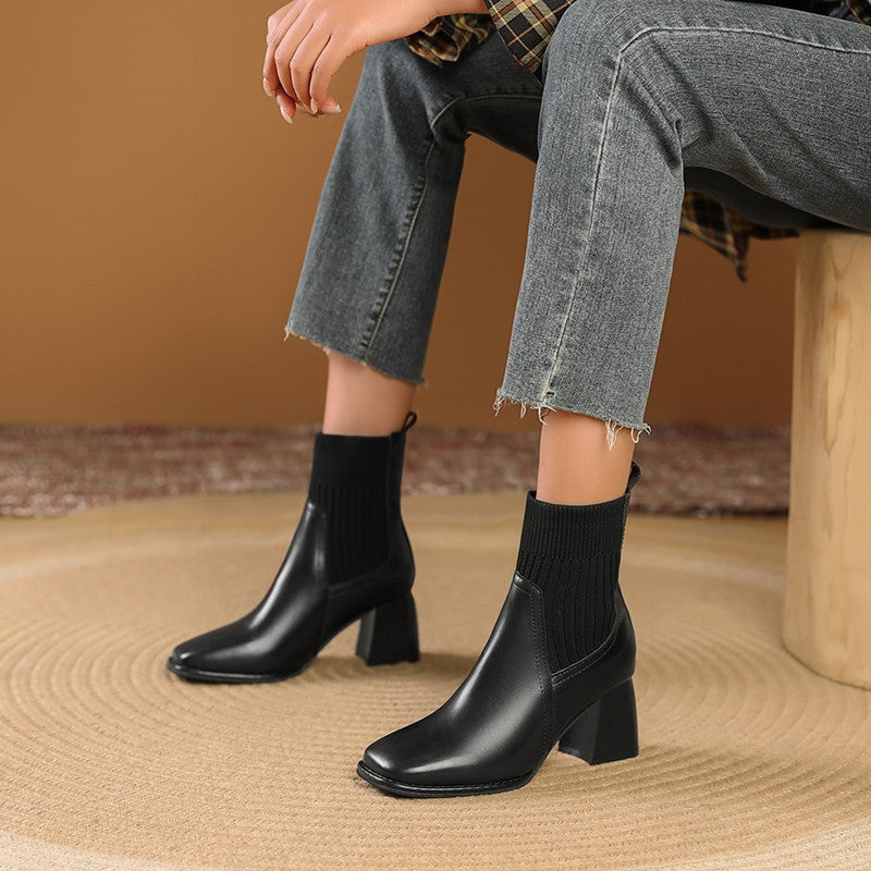 Women's chunky ankle boots with a knitted insert and sturdy heel