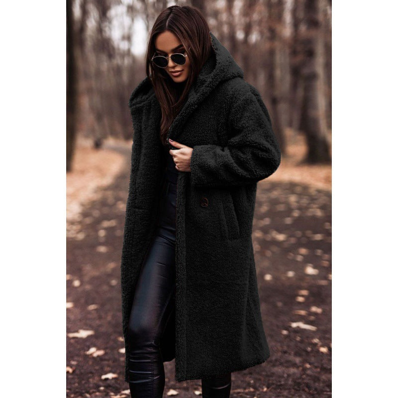 Women’s fluffy teddy coat with hood and buttons
