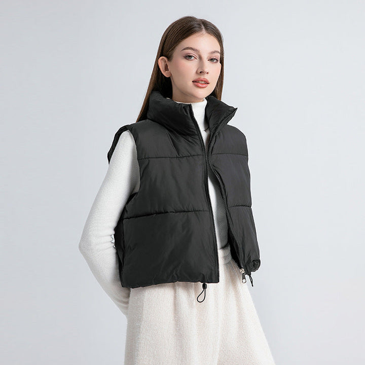 Women’s ultralight short quilted vest with a high stand collar and drawstring