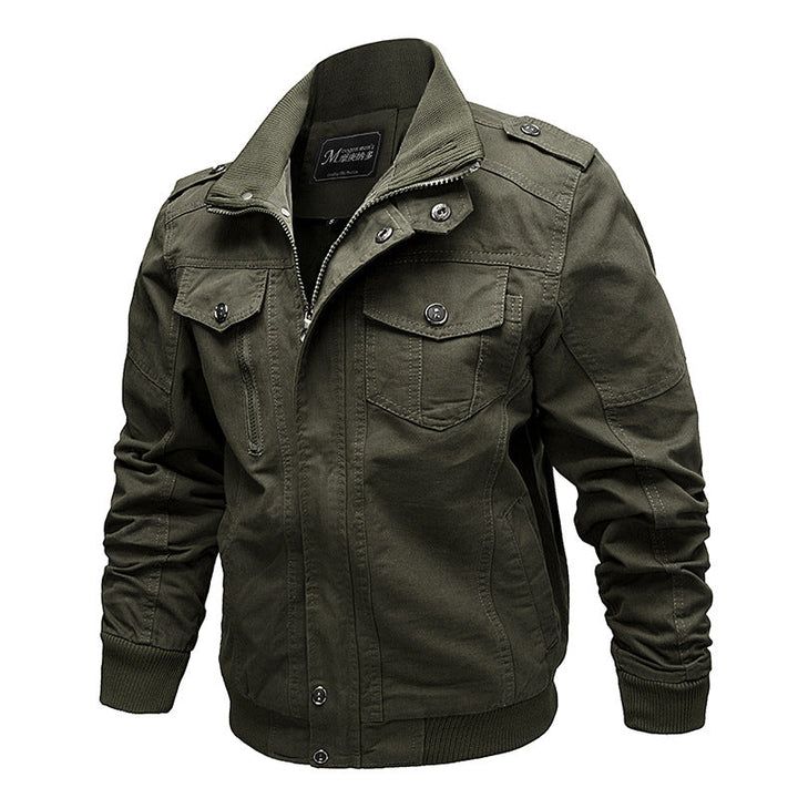 Men’s durable canvas field jacket with stand-up collar and multifunctional pockets