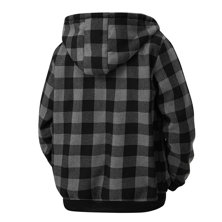 Men’s plaid hooded jacket with Sherpa lining and zipper closure