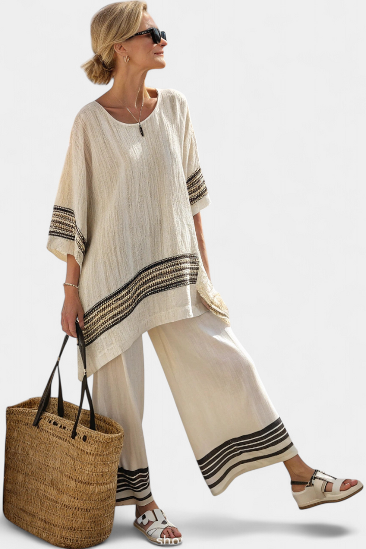 Mariella – elegant striped linen top and flowy trousers