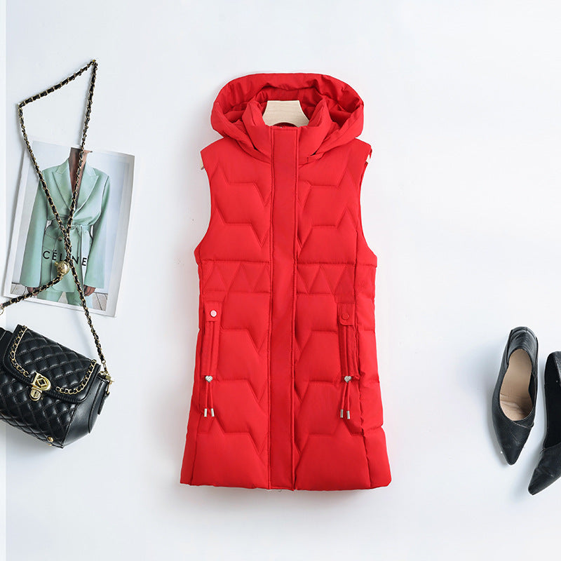 Women's sleeveless quilted long vest with a hood and adjustable drawstrings at the waist