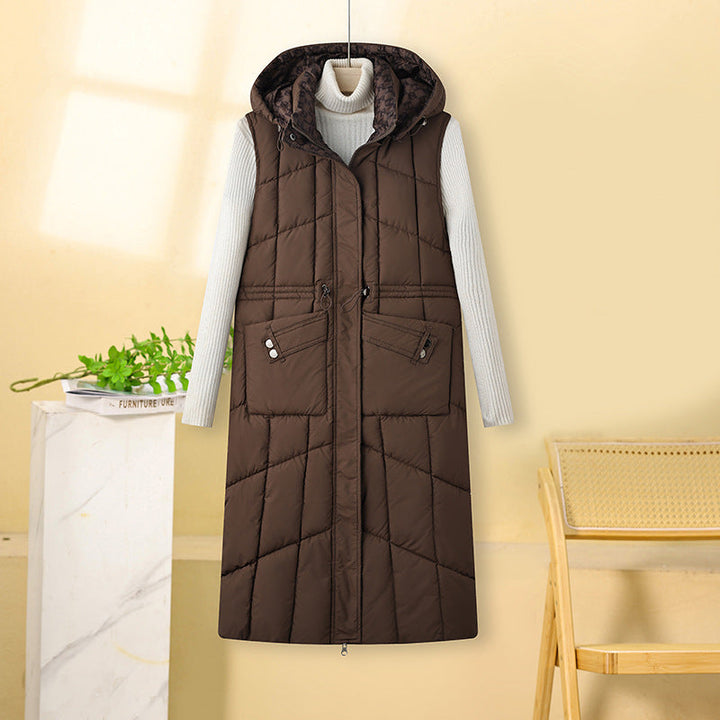 Women’s long sleeveless quilted thermal coat with hood and multifunctional pockets