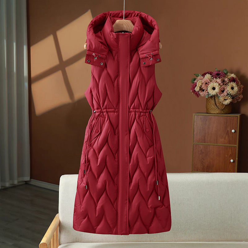Women's long sleeveless quilted vest with hood and adjustable drawstring waist