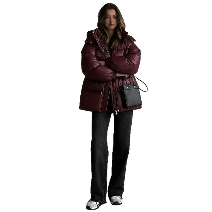 Women's hooded jacket with an adjustable waist drawstring and glossy finish