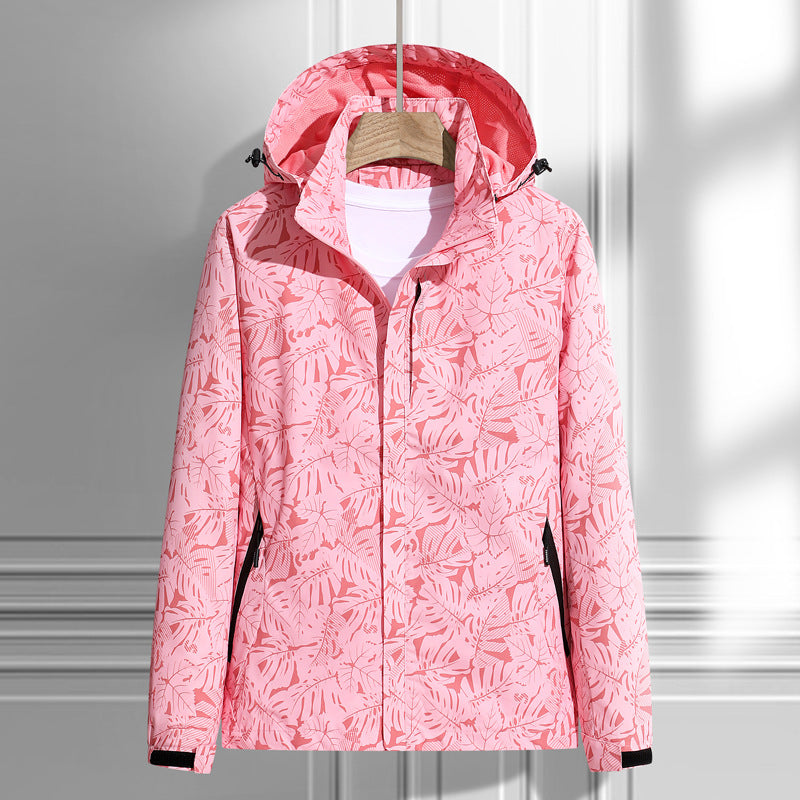 Women's Lightweight Packable Rain and Wind Jacket with Hood, Leaf Pattern