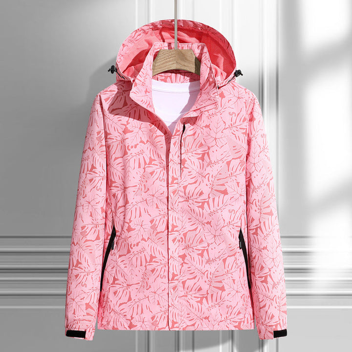 Women's Lightweight Packable Rain and Wind Jacket with Hood, Leaf Pattern