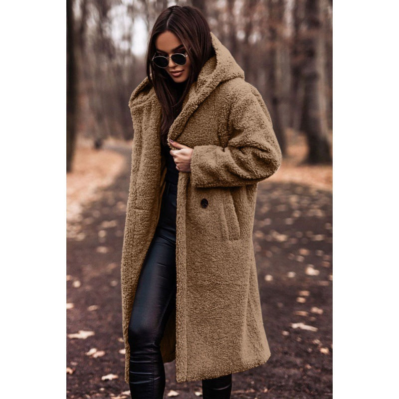 Women’s fluffy teddy coat with hood and buttons