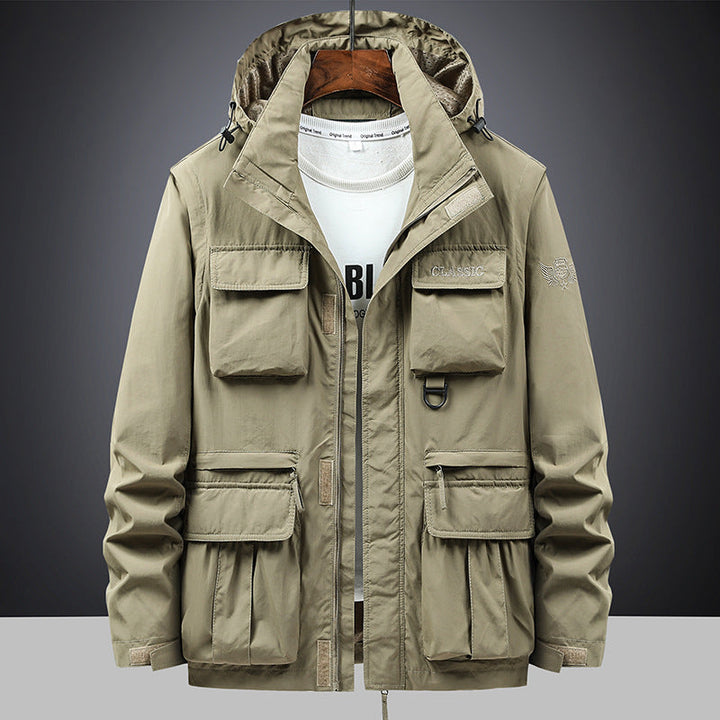 Men's multifunctional field jacket with hood and pockets