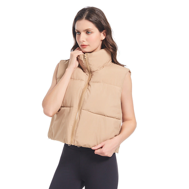 Women’s ultralight short quilted vest with a high stand collar and drawstring