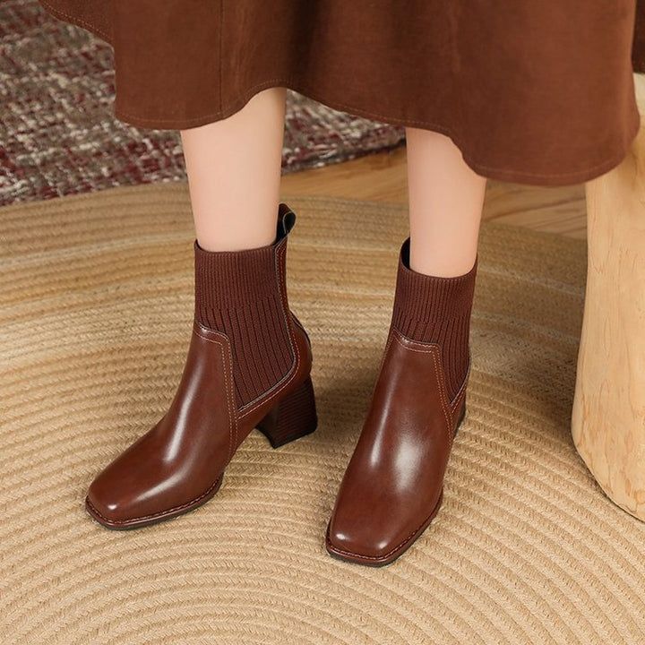 Women's chunky ankle boots with a knitted insert and sturdy heel