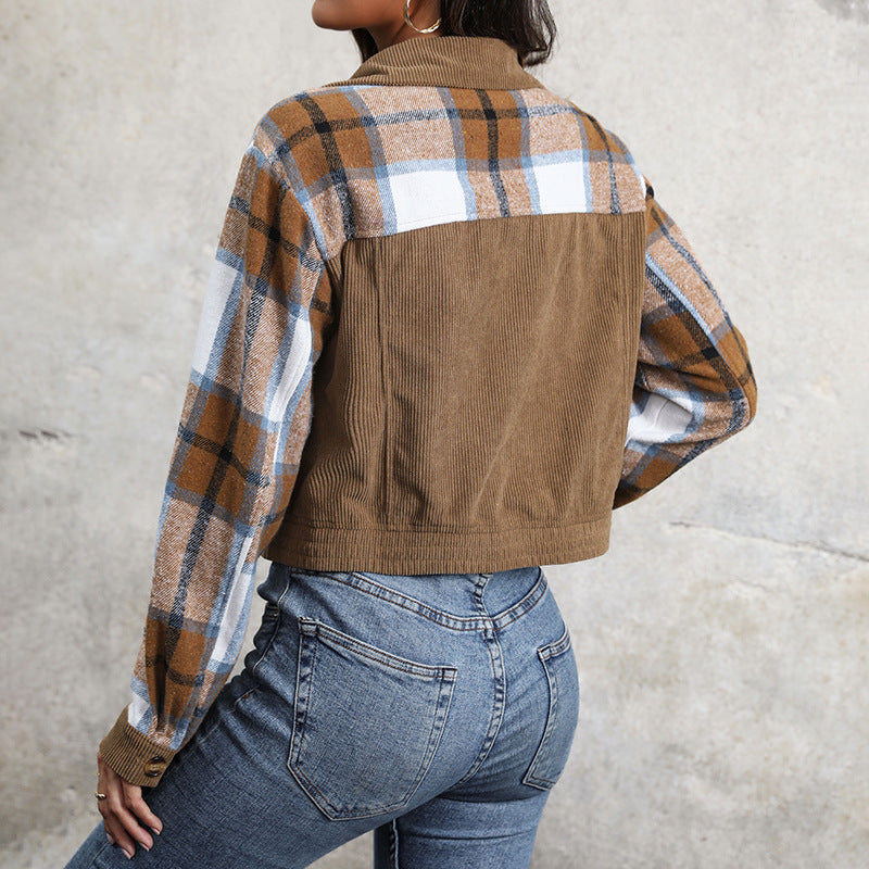 Women's cropped jacket with checked sleeves and pockets