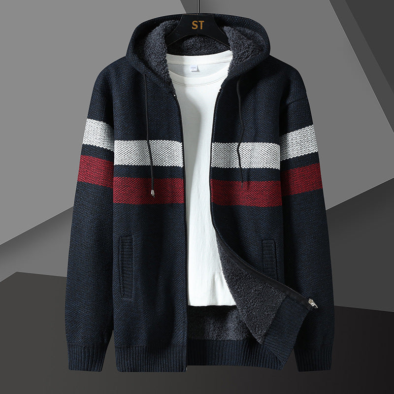 Men's Striped Hooded Jacket with Drawstring and Pockets