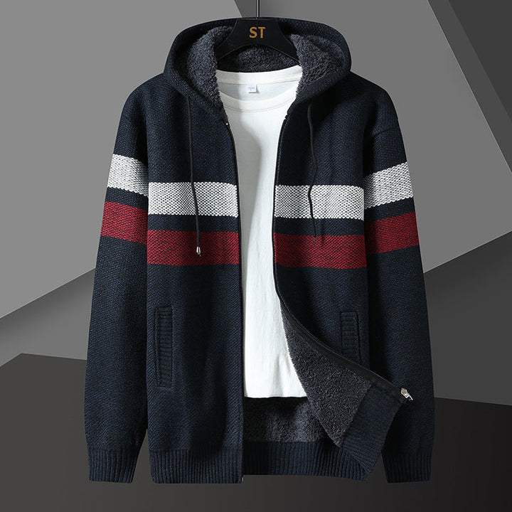 Men's Striped Hooded Jacket with Drawstring and Pockets