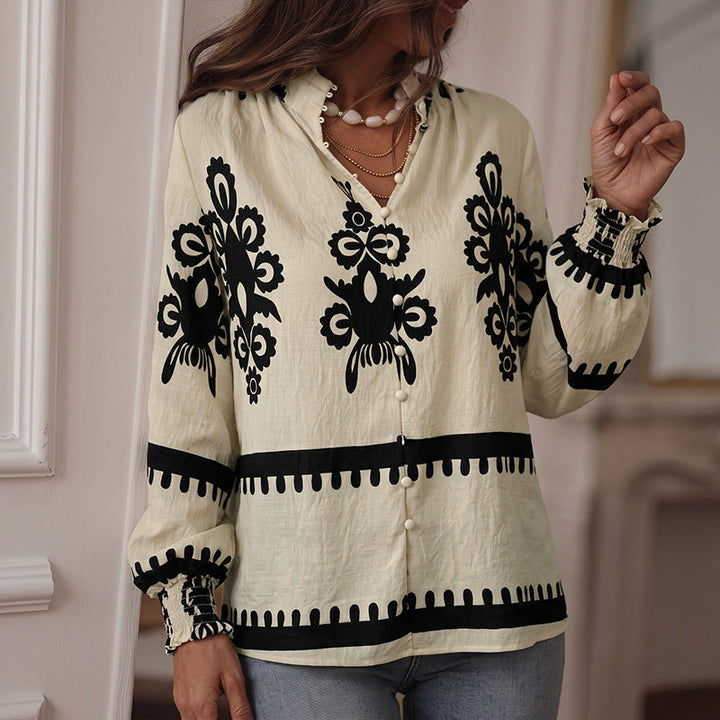 Women's V-neck long-sleeve blouse with buttons