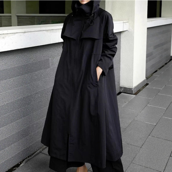 Women’s oversized maxi-length coat with hood and cape yoke