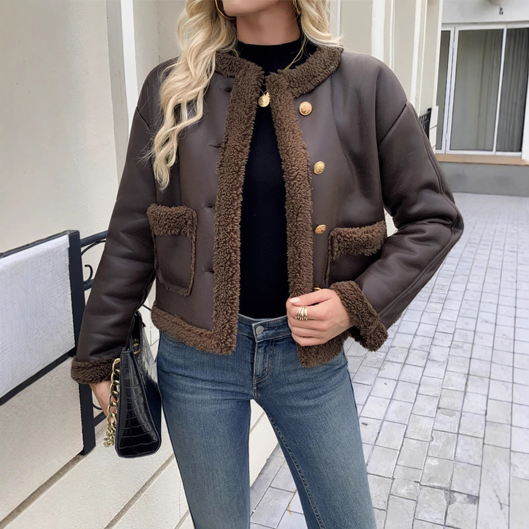 Women's short jacket with a collar and patch pockets