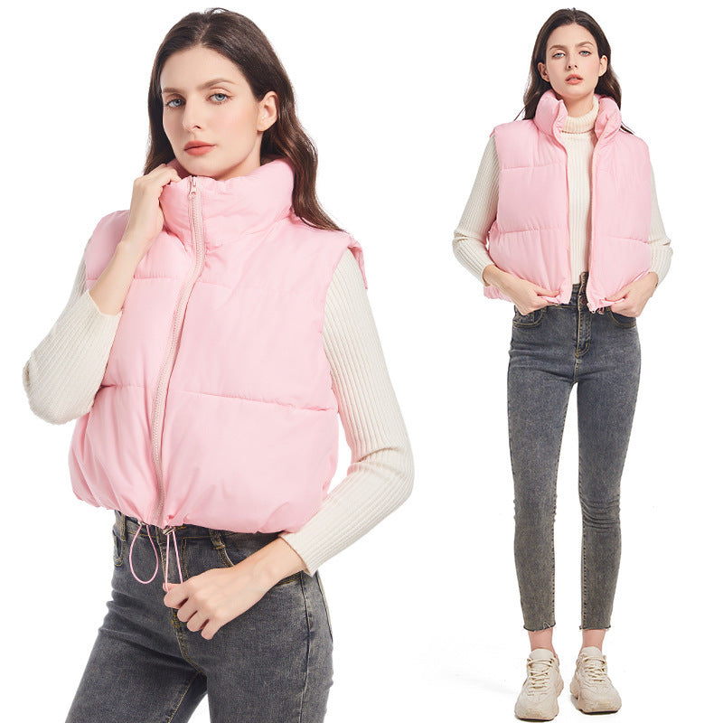 Women’s ultralight short quilted vest with a high stand collar and drawstring
