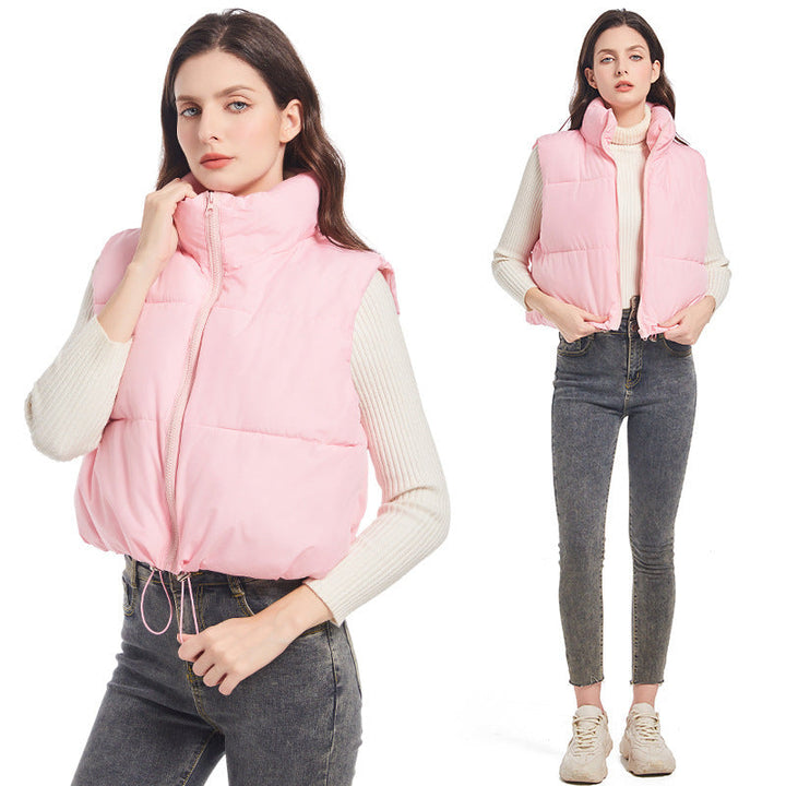 Women’s ultralight short quilted vest with a high stand collar and drawstring
