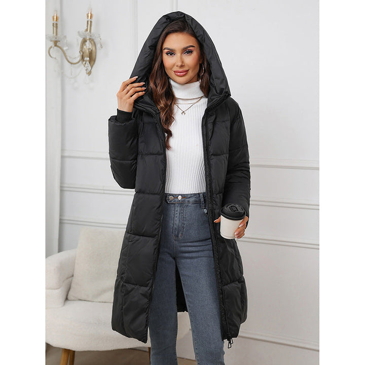 Women’s fitted A-line thermal parka with hood and two-way zipper