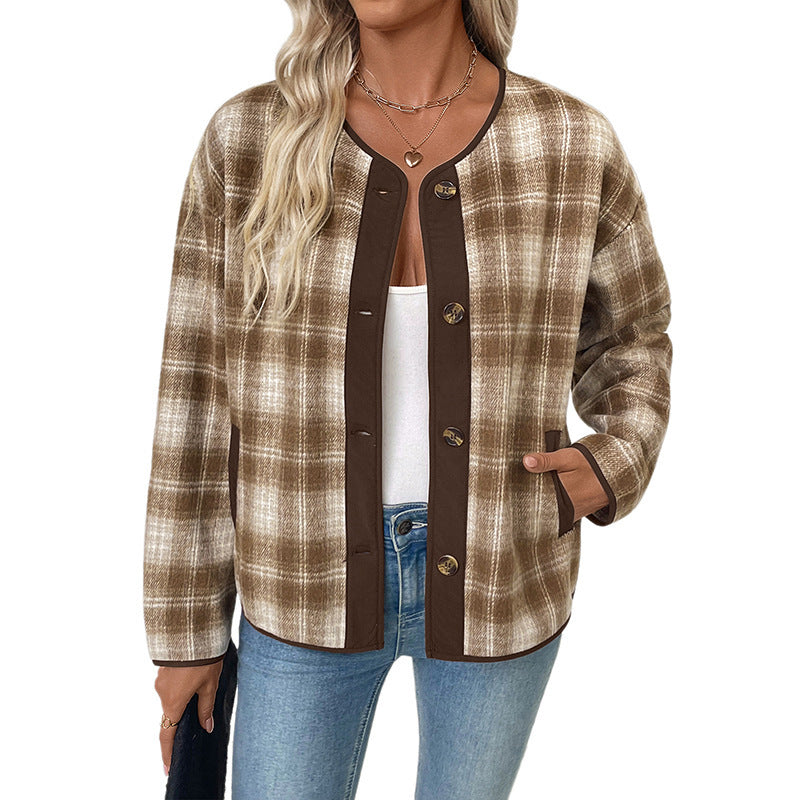 Women's checked transitional jacket with a round neckline and pockets