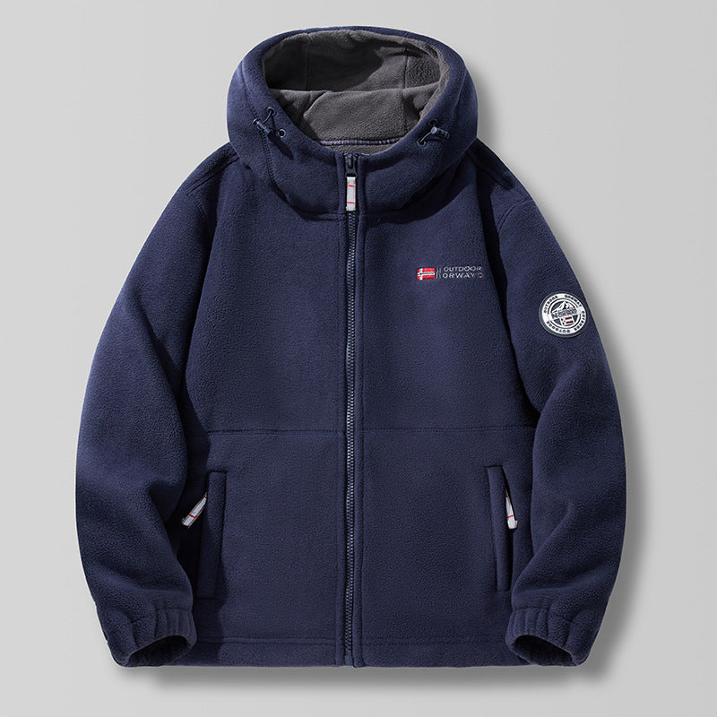 Hooded fleece jacket with a high-neck hood collar and zipper
