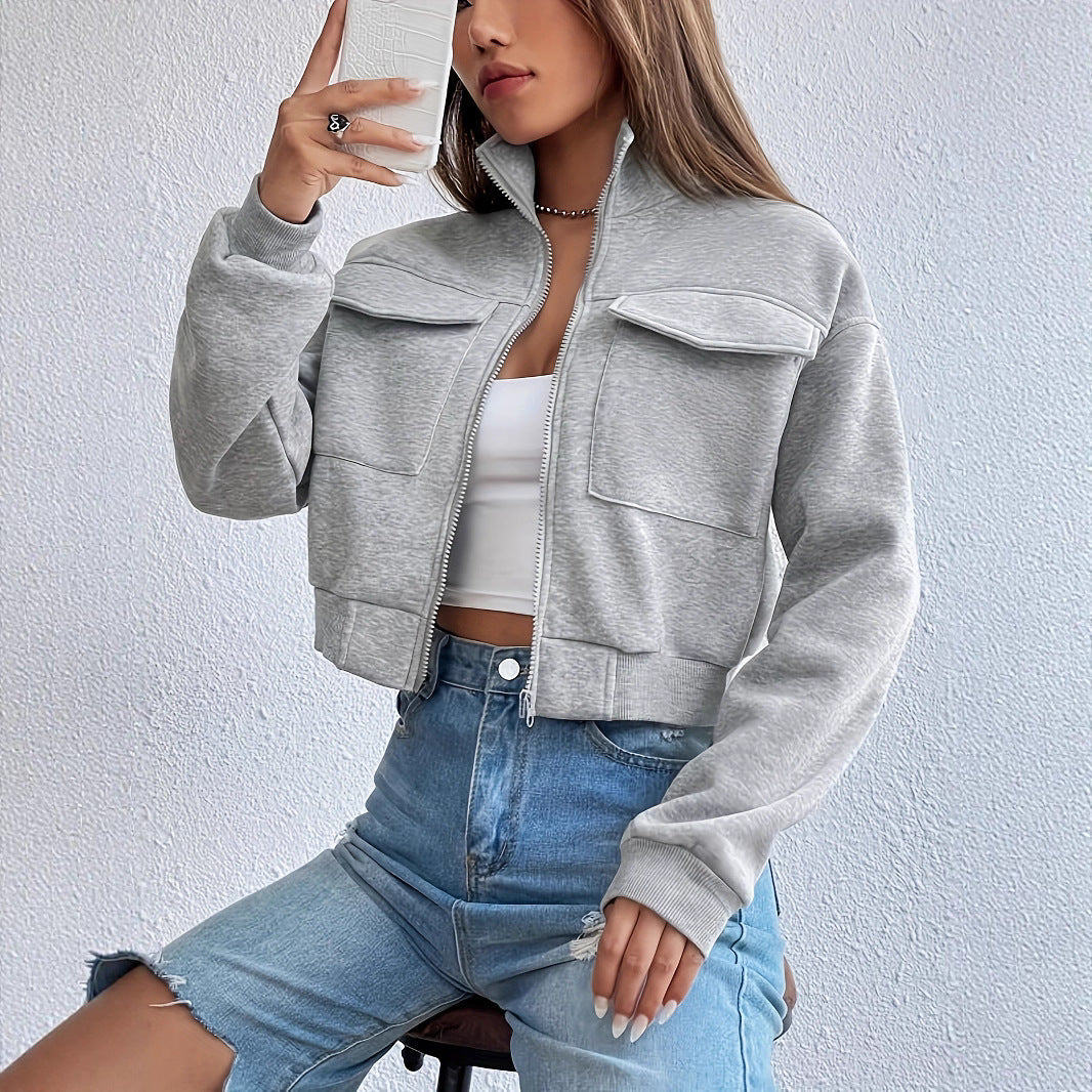Women's cropped casual jacket with pockets and zipper