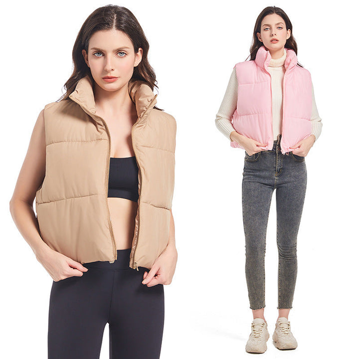 Women’s ultralight short quilted vest with a high stand collar and drawstring