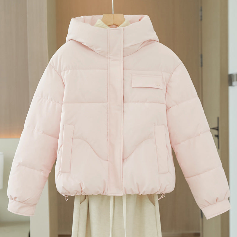 Women's short quilted hooded jacket with a concealed zipper