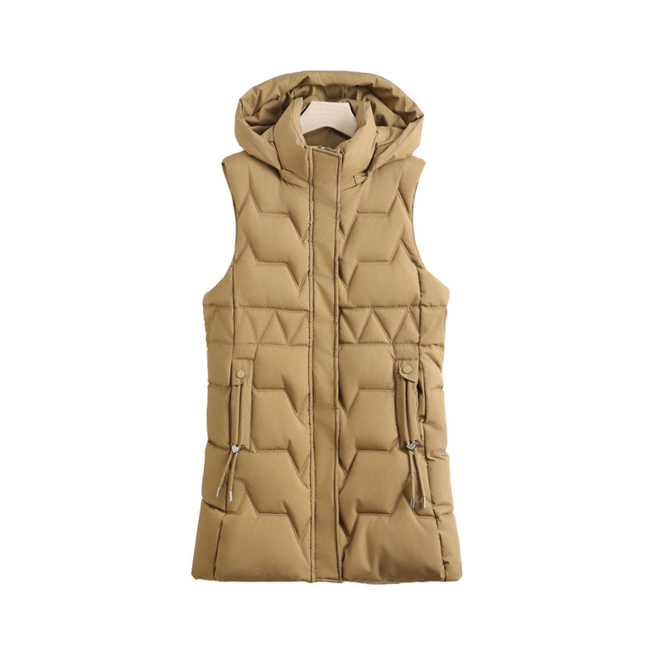 Women's sleeveless quilted long vest with a hood and adjustable drawstrings at the waist