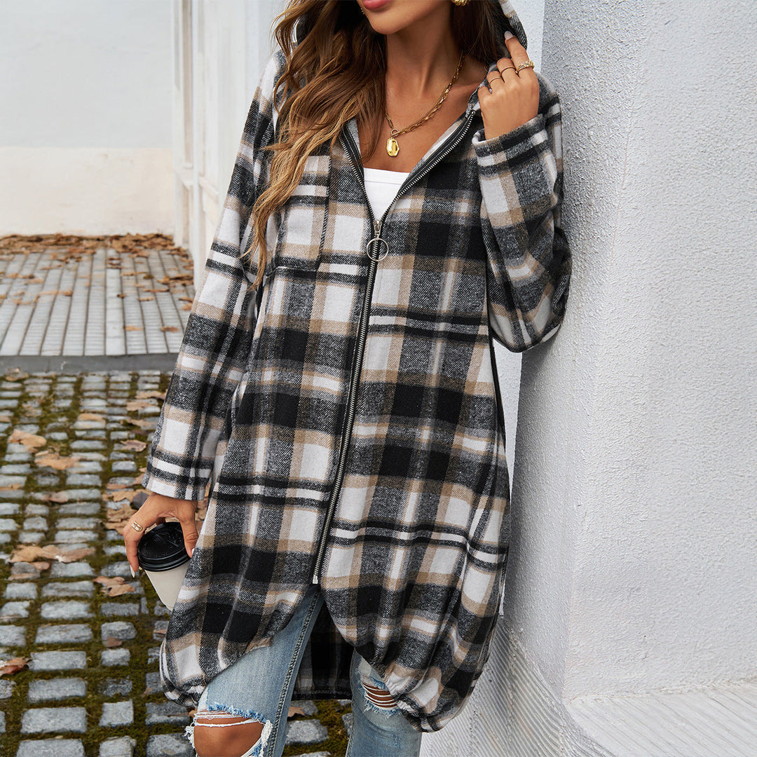 Women's Long Hooded Coat with Plaid Pattern and Balloon Hem
