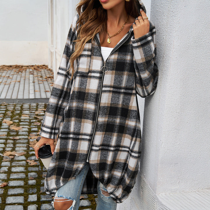 Women's Long Hooded Coat with Plaid Pattern and Balloon Hem