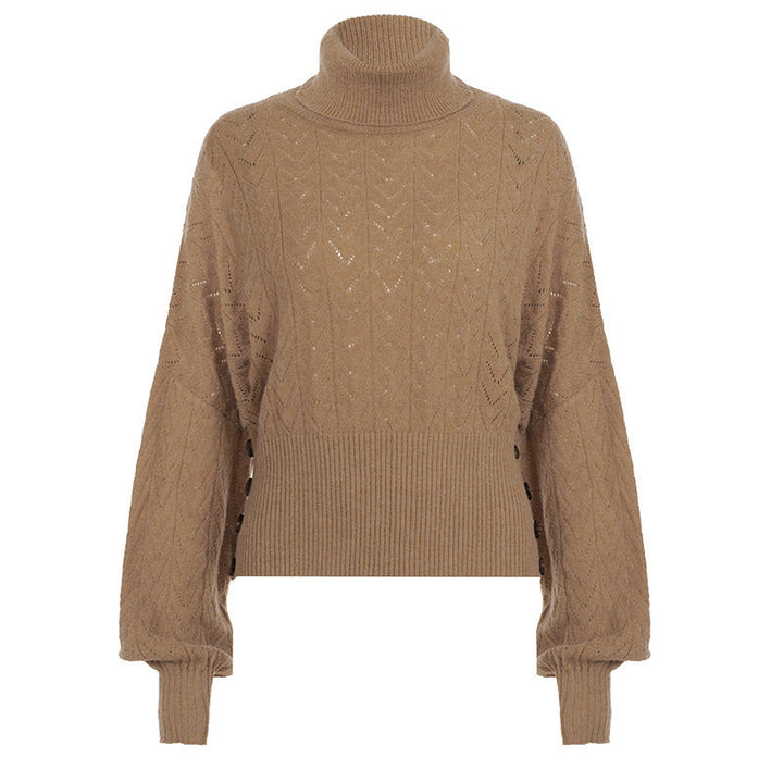 Women's Cropped Long-Sleeve Turtleneck Sweater with Buttons