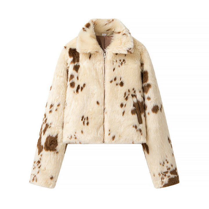 Women's printed cropped blouson jacket with stand-up collar and pockets