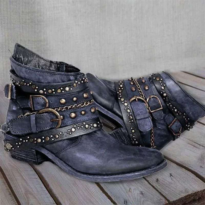 Women's western ankle boots with buckle straps and chains