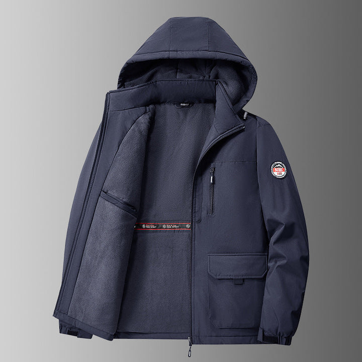 Men’s lined softshell winter jacket with hood and multifunctional pockets