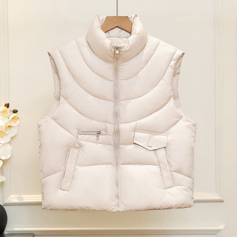 Women's quilted thermal vest with stand-up collar and multifunctional pockets