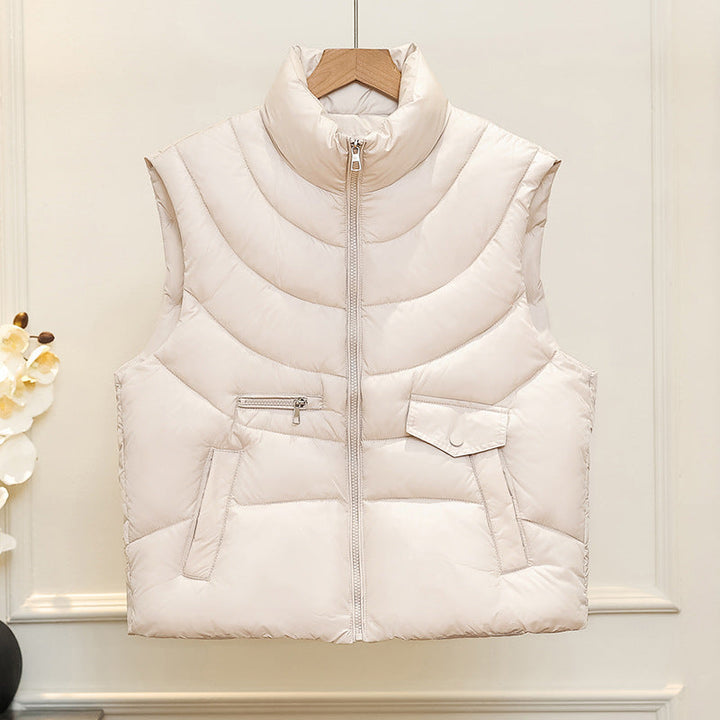 Women's quilted thermal vest with stand-up collar and multifunctional pockets