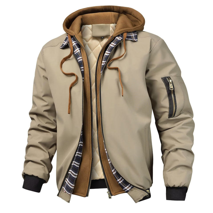 Men's jacket with hood, pockets, and drawstring waist