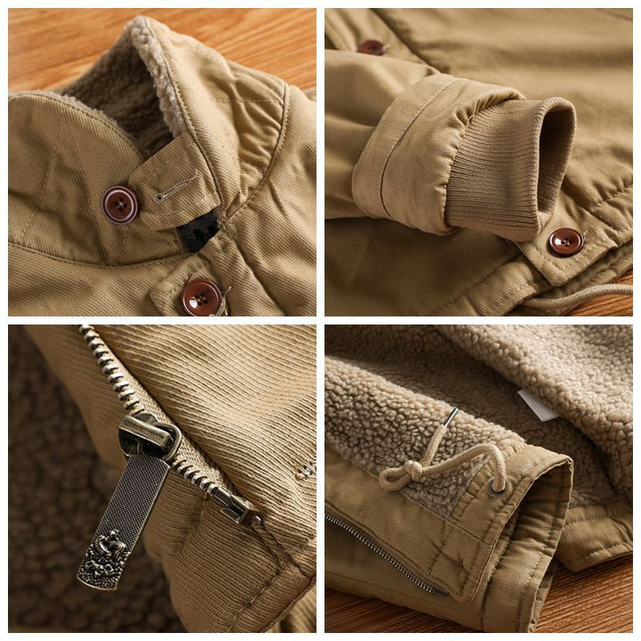 Men’s canvas jacket with a teddy collar, insulated lining, and drawstring waist