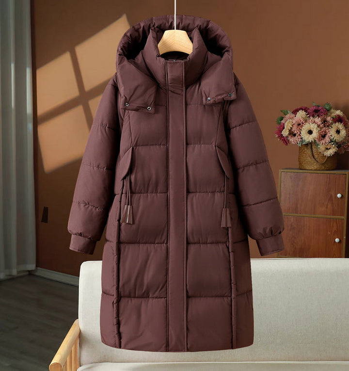 Women’s long padded hooded coat with a high stand-up collar and concealed zipper