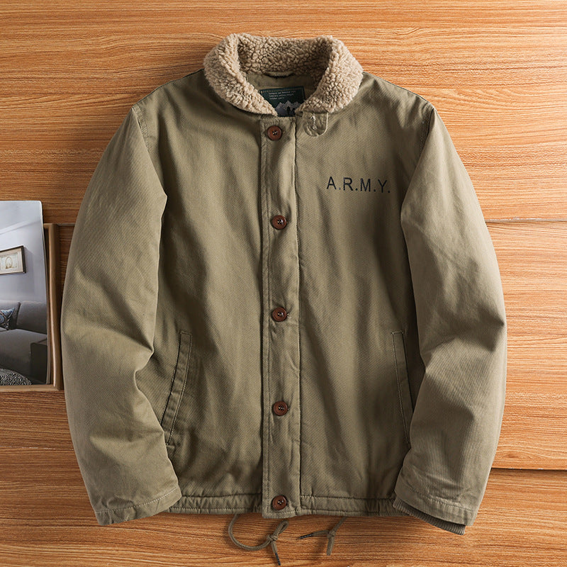 Men’s canvas jacket with a teddy collar, insulated lining, and drawstring waist