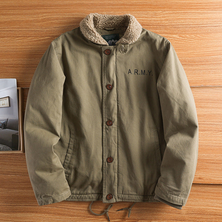 Men’s canvas jacket with a teddy collar, insulated lining, and drawstring waist