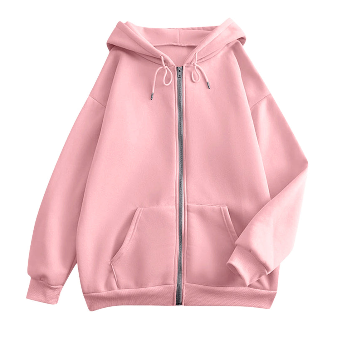 Women's oversized hooded jacket with zipper, kangaroo pockets, and ribbed cuffs