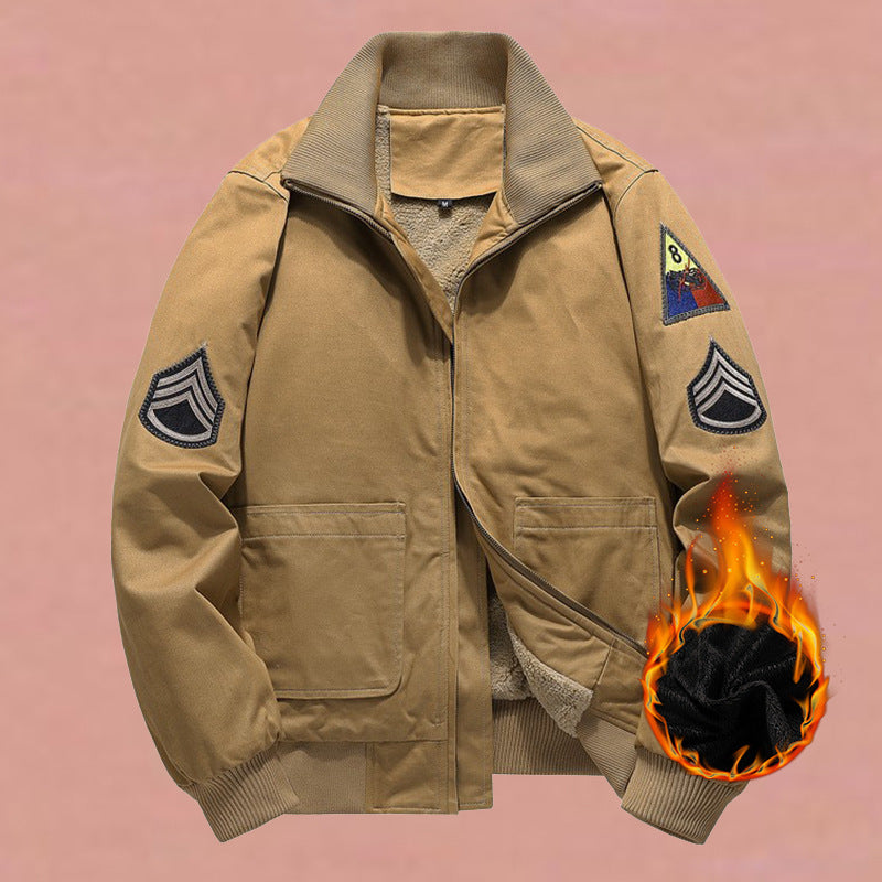Men’s military-style bomber jacket with patches and a concealed zipper