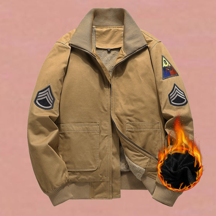Men’s military-style bomber jacket with patches and a concealed zipper